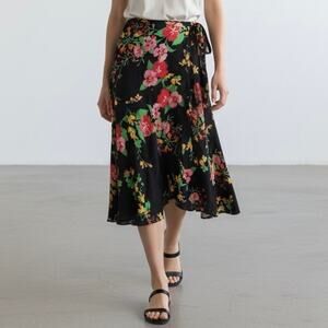 CAbi Wrap Skirt Size Small Midnight Drama Black Floral Midi Length Modest #5700